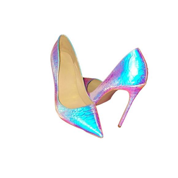 Snakeskin leather high heels blue hologram iridescent light color pumps Size 7.5 - Picture 3 of 8